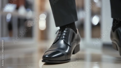 closeup view of person's foot in sleek black leather shoes stepping forward