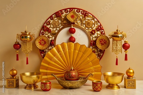 Elegant Chinese New Year decorations with gold and red accents arranged on a table