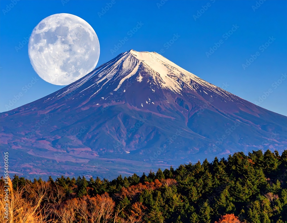 Fototapeta premium Scenic shot of a snow-capped mountain under a full, bright moon