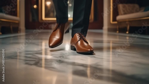 closeup of legs of a man in luxury brown leather shoes in a hotel lobby