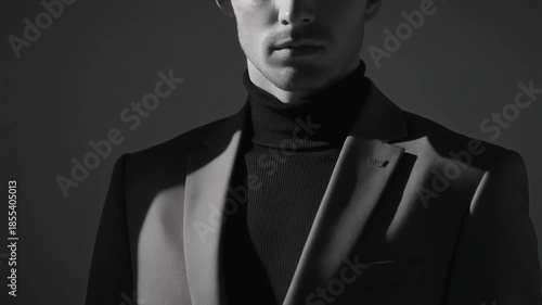 crop shot of man with turtle neck shirt under coat outfit in monochrome black and white color