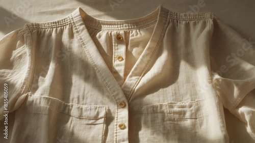 handheld shot of linen summer outfit under natural sunlight on the bed