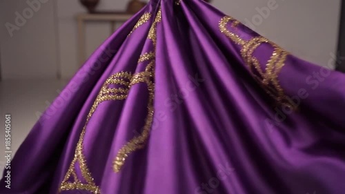 purple silk fabric with golden pattern swirling in mid air