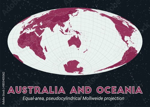 Australia and Oceania. World map. Equal-area, pseudocylindrical Mollweide projection centered to Australia and Oceania. Pale Mint Dark Pink palette. Vintage texture. Charming vector illustration.