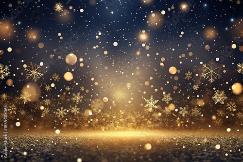 Magical golden snowflakes falling gently on a sparkling surface at night