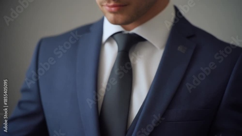dynamic closeup of man adjusting cufflinks with blue suit and black tie