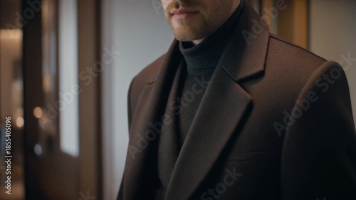 crop shot of man in turtle neck shirt under warm coat in brown color
