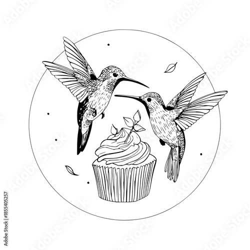 Two hummingbirds hovering near a cupcake with leaves in a circle monochrome illustration design vector