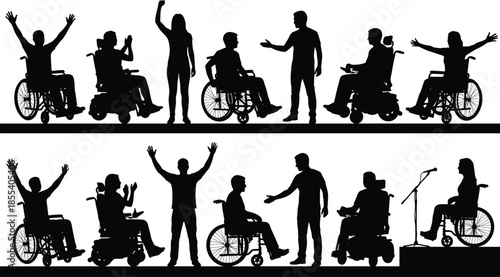 Silhouettes of wheelchair users and standing people celebrating, communicating, public speaking, mobility assistance concept, disability support illustration, accessible lifestyle graphic design