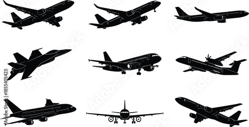 Silhouettes of various airplanes in flight, commercial jets, fighter aircraft, passenger planes, aviation transport illustration, air travel concept graphic design