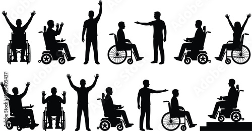 Silhouettes of wheelchair users and standing people communicating, celebrating, mobility assistance concept, accessible lifestyle illustration, disability support interaction graphic design