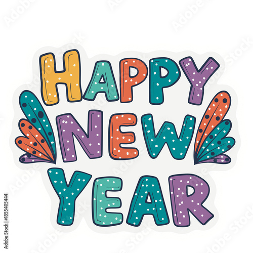 Colorful 'Happy New Year' sticker with playful hand-drawn letters and festive patterns. Perfect for holiday greeting cards, digital planners, and New Year party decorations. Eye-catching design!