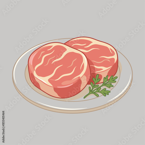 Two raw steaks on a plate with parsley.