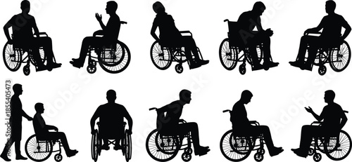 Silhouettes of wheelchair users in various sitting poses, disability mobility concept, rehabilitation support illustration, accessible lifestyle graphic design collection