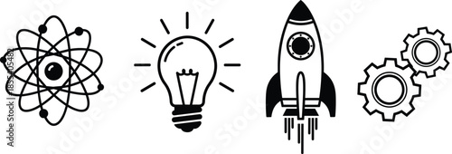 Set of Science and Innovation Icons Featuring Atomic Structures Light Bulbs Rocket Ships and Engineering Gears for Technology Business and Education (22 words)