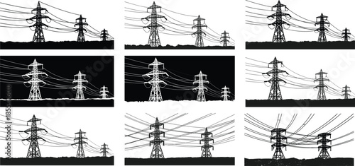 Silhouette, high, voltage, power, transmission, towers, with, multiple, electric, cables, energy, infrastructure, industrial, utility, grid, electricity, supply, connection, landscape
