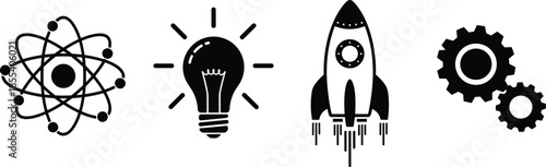 Set of Innovation and Science Icons Featuring Atomic Structure Light Bulb Idea Rocket Launch and Engineering Gears for Technology Business Branding (22 words)