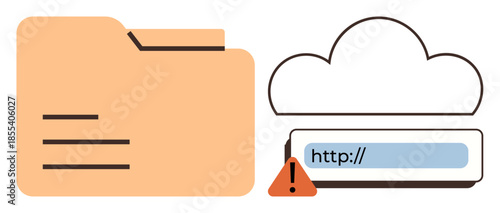 Folder symbol next to cloud figure with URL bar and warning icon. Ideal for data storage, cloud issues, web access, cybersecurity, file management, error handling, simple flat metaphor