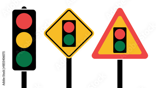 Three traffic light signs illustrating different traffic control signals and warning symbols.