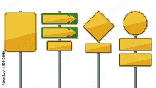 Collection of Various Yellow Road Signs on Poles for Navigation and Information