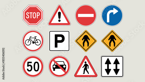 Collection of various traffic and road signs presented in a clear visual format.