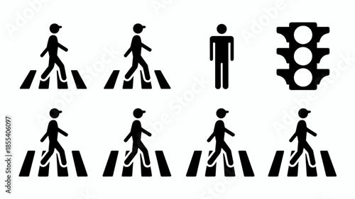 Pedestrian Crossing Symbols, Traffic Light Icon, and Figures on Crosswalks