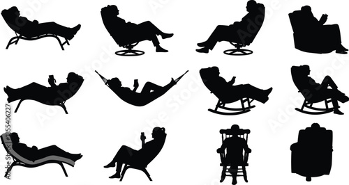 silhouette, relaxing, person, reclining, chair, hammock, rocking, comfort, leisure, rest, reading, furniture, calm, lifestyle, break, peaceful, seated, position, relaxation, posture
