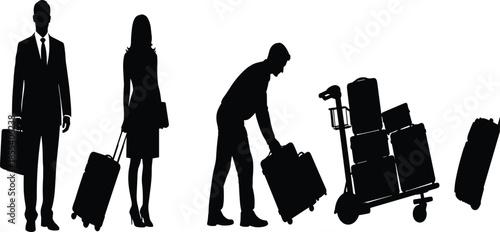 Silhouette, travel people, luggage handling, business traveler, woman with suitcase, airport scene, baggage cart, suitcase lifting, black background, transport