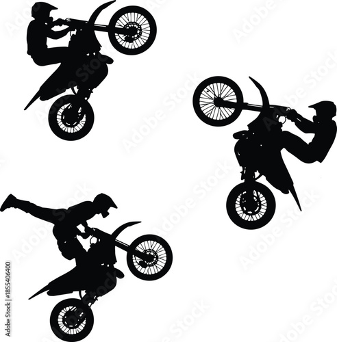 Motocross stunt riders silhouette, extreme sports vector, freestyle motorcycle tricks, airborne acrobatics, wheelie action, adrenaline jump, dynamic biker pose, black graphic