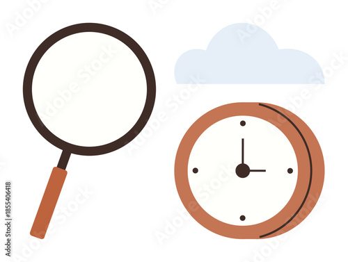 Magnifying glass highlighting focus, clock symbolizing time management, and cloud for abstract thinking. Ideal for productivity, analysis, research, scheduling, planning, efficiency exploration