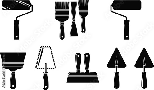 Painting and plastering tool silhouettes, vector icons of rollers, brushes, trowels, scrapers, construction equipment for wall finishing, renovation, home improvement
