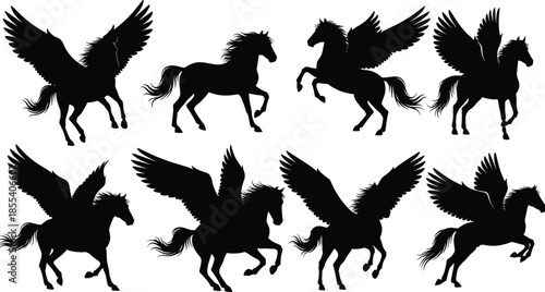 Pegasus and Horse Silhouette Set, Mythology, Fantasy, and Magic Symbol, Flying Winged Stallion and Unicorn Icon Collection, Isolated Vector Illustration