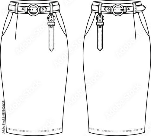 Pencil skirt fashion technical sketch, high waist belt detail, flat vector, CAD drawing, garment construction, apparel design, sewing illustration