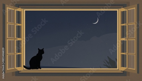 Simple vector illustration of a black cat silhouette sitting by an open window gazing at the moon and stars in the night sky