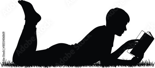 Person Reading Book Silhouette Vector Illustration, Lying Down on Grass and Relaxing in Park, Leisure Time and Education Concept, Student Studying and Enjoying Summer