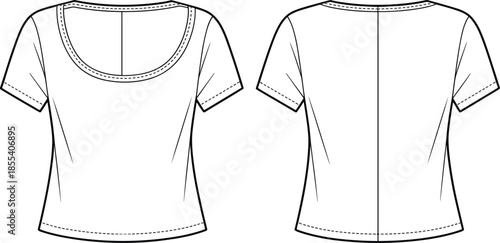 Women Short Sleeve Scoop Neck T-Shirt Fashion Technical Sketch, Casual Slim Fit Tee Flat Drawing Template Front and Back View
