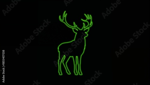 Glowing Neon Green Outline of a Deer Buck with Large Antlers Isolated on a Black Background