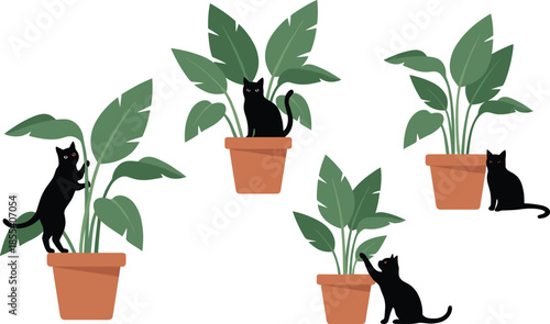 Playful black cats with potted houseplants vector illustration, cute pet animals interacting with indoor plants, modern flat home decor design