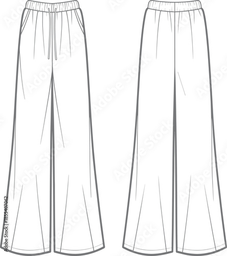 Women Wide Leg Trousers Fashion Technical Sketch, Elastic Drawstring Waistband Lounge Pants Flat Drawing Template Front and Back View, Design
