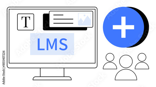 Learning management system. LMS interface displays user profiles, digital tools, and collaborative features. Learning management system for online courses, education technology, and training