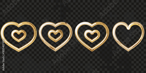 Four golden hearts nested in layers arranged horizontally on a transparent background