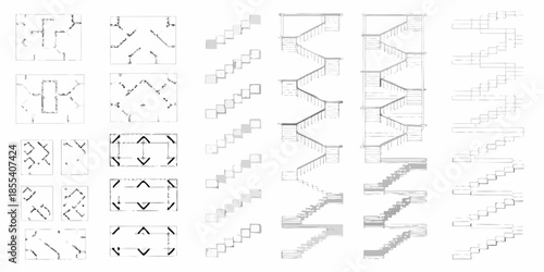 Architectural sketches of staircases and geometric patterns in a monochrome style