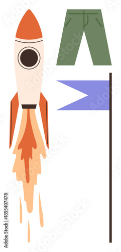 Rocket blasting off with an orange flame trail, green pants, and a blue triangular flag on a pole. Ideal for innovation, space exploration, achievement, creativity, adventure, determination
