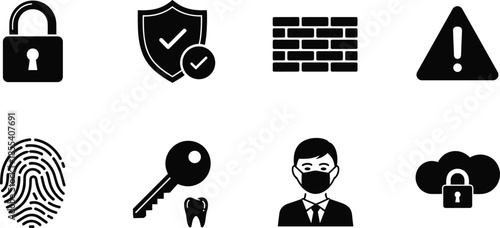 Vector Set of Cyber Security and Data Protection Icons Featuring Padlock Shield Firewall Warning Sign Fingerprint Key Cloud Safety and Masked Man