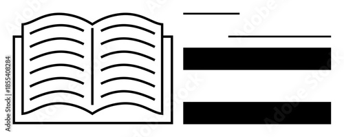 Open book with visible pages, horizontal text lines, and bold blocks emphasizing content. Ideal for education, knowledge, reading, study, documentation, writing research simple flat metaphor