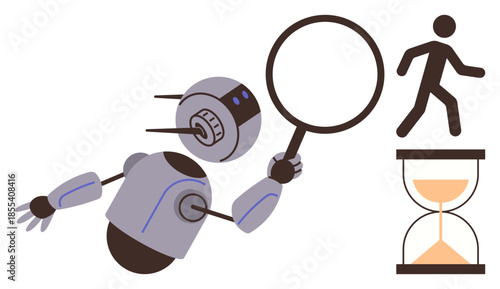 Robot analyzing human behavior with magnifying glass near hourglass. Ideal for AI, automation, time management, research, future, relationships, productivity concepts. Simple flat metaphor