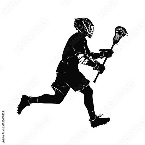 A black silhouette of a cartoon lacrosse player in a cute, dynamic pose, running with a lacrosse stick against a white background.