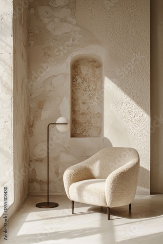Cozy Modern Armchair in Minimalist Interior with Soft Lighting