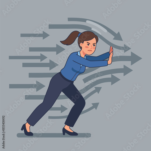 Woman pushing against strong opposing arrows representing challenges.