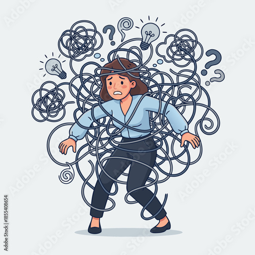 Woman Tangled in Confusing Thoughts and Stress.